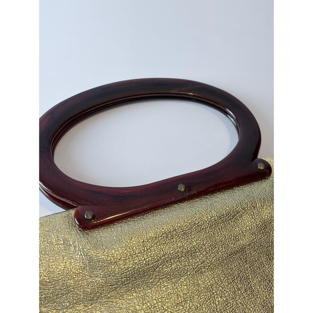 Vintage Lady's Pride Convertible Metallic Gold Clutch Lucite Handle Handbag - Picture 7 of 11